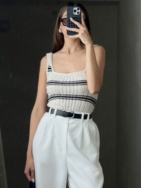 H&M Cream Ribbed Crop Tank with Black Stripes